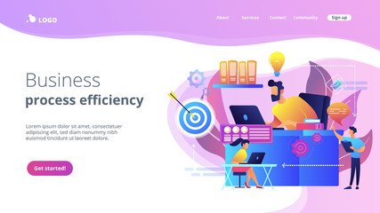 Business team and work process steps from idea to target. Business workflow, business process efficiency, working activity pattern concept. Website vibrant violet landing web page template.