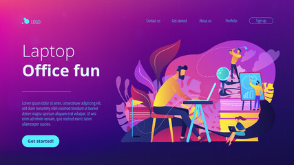 People in office working at the laptop, running presentation and playing golf as a concept of break, office fun, games and stress management. Violet palette. Website landing web page template.