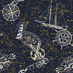Naklejki  Grunge rocznika morskiego wykresu z morskich odznak i elementów wektor wzór