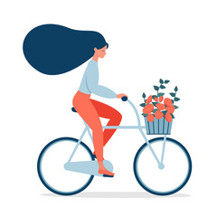 Woman ride on bicycle with bouquet in basket. Bicycle riding girl with flying hair. Vector illustration 