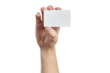 Obraz premium Male hand holding a blank card or a ticket/flyer, isolated on white background