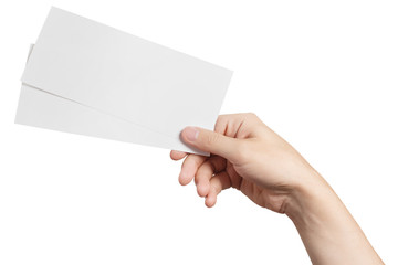 Fototapeta premium Male hand holding two blank sheets of paper (tickets, flyers, invitations, coupons, money, etc.), isolated on white background