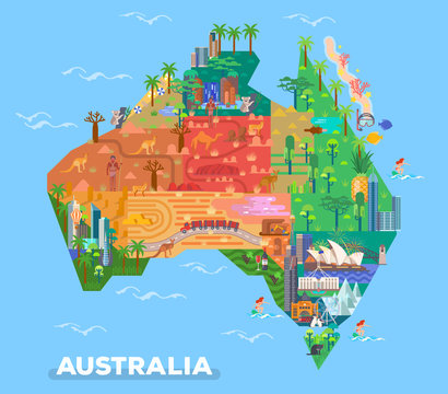 Map of Australia with landmarks of architecture
