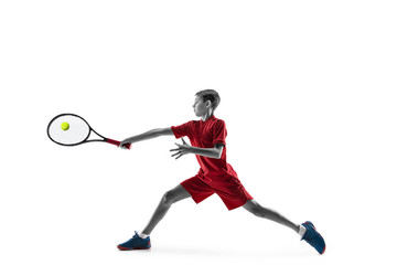 Fototapeta na wymiar Young teen boy tennis player in motion or movement isolated on white studio background. The sport, exercise, training concept