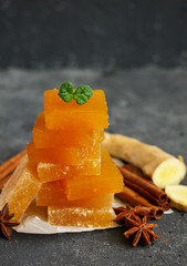 marmalade from citrus, ginger and spices. Home sweetness. Selective focus.