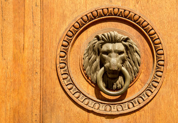 Classic Lion Metal Brass effect Door knocker in a circular wooden decorated frame in Vienna Austria