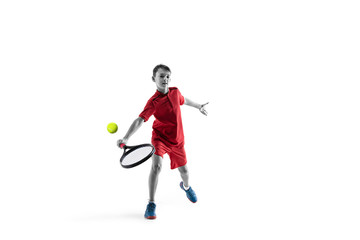 Young teen boy tennis player in motion or movement isolated on white studio background. The sport, exercise, training concept