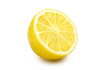 Ripe half of yellow lemon citrus fruit, isolated on white background