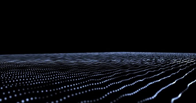 Dots in rows on a grid surface moving and twisting from order to chaos. White bright dots disperse into space creating a clouds of spheric dust