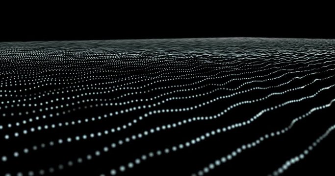 Dots in rows on a grid surface moving and twisting from order to chaos. White bright dots disperse into space creating a clouds of spheric dust