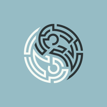concept of path of balance, shape of yin yang symbol combined with maze