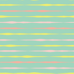 Horizontal hand drawn lines seamless vector background. Pink coral yellow lines on green. Abstract pattern design. Abstract geometric lines doodle background. Texture for summer, spring, Easter, cards