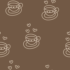 Seamless pattern with coffee cup and hearts . Vector.