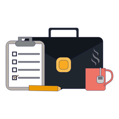 briefcase clipboard and coffee with pencil