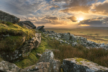 Fototapeta na wymiar Sunset on Bodmin Moor at Stowes Hill, Cheesewring, Cornwall, UK