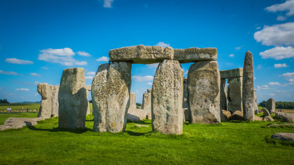 Stonehenge unesco world heritage site near Salisbury in England. Summer holidays destination in the UK, Europe. View of stone archways at Stonehenge in British countryside on a sunny day, England.