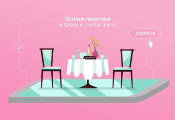Online reserved table in cafe. Concept Reserved in restaurant. Flat restaurant table on smartphone. online mobile reservation app concept. Flat cartoon vector illustration