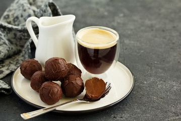 Handmade candies. Beylis liqueur truffle and coffee. Home sweetness. Selective focus.