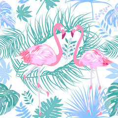 Naklejka premium Tropical vector seamless pattern with flamingo