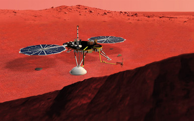 Satellite Insight atterrato su Marte, illustrazione, 3D rendering