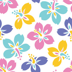 Obraz na płótnie Canvas Large Bold Colorful Tropical Exotic Hibiscus Floral Vector Seamless Pattern. Oversize Lush Tropical Blooms