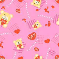 Seamless pattern created by hearts and bear and several objects in simple pink background