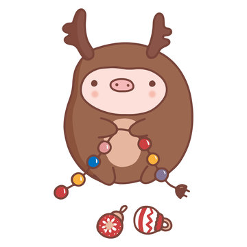 Vector cute hand drawn cartoon pig, symbol of 2019 Chinese New year, in deer costume with garlands and Christmas decoration isolated on the white background.