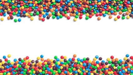 Double border of colorful coated chocolate candies on white background 3d rendering