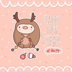 Greeting card with cute cartoon pig, symbol of 2019 Chinese New year. Piggy in deer costume with garlands and Christmas decoration.