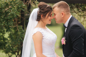Wedding ceremony outside. Just married. Background of mountains. Portrait of groom and bride
