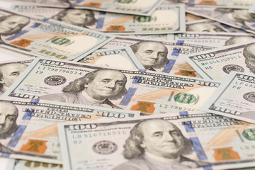 Dollars background, hundred USA dollar banknote bills, many American cash money