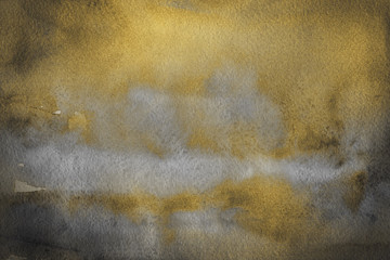 Gold luxury ink and watercolor textures on white paper background. Paint leaks and ombre effects. Hand painted vintage texture. © artistmef