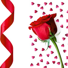 Valentines day greeting card with red rose, ribbon and hearts  isolated on white background. Copy space.  Flat lay