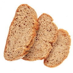 Three slices of toast bread isolated on white background. Cutted wholegrain  bread. Top view.