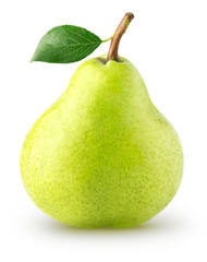 Isolated pear fruit. Whole pear with leaf with clipping path