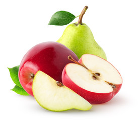 Isolated group of fruits.  Whole yellow pear with slice and red apple with half isolated on white...