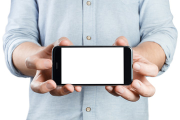 Hands holding smartphone, isolated on white background