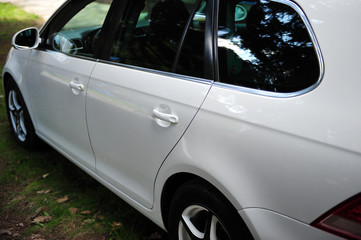 Fototapeta premium Closeup white Car door handle. Car equipment.selective focus