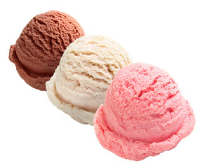 Strawberry, chocolate and vanilla ice cream scoops isolated on white background