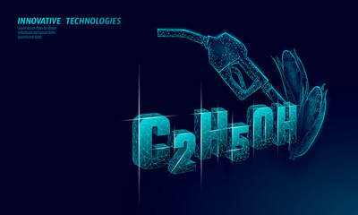 Ethanol formula corn biofuel gun. Ecology science C2H5OH chemistry biotechnology eco concept. Renewable biorefinery organic gas 3D render polygonal innovation technology vector illustration