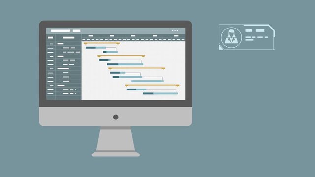 front view of a computer with a project management software showing a gantt chart, at the right, the list of people assigned to the tasks, 2d flat cartoon style