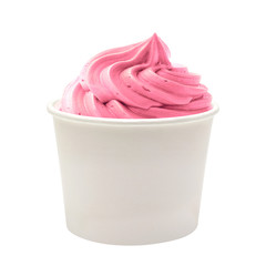 Soft strawberry ice cream or frozen yogurt in blank paper or cardboard cup isolated on white...