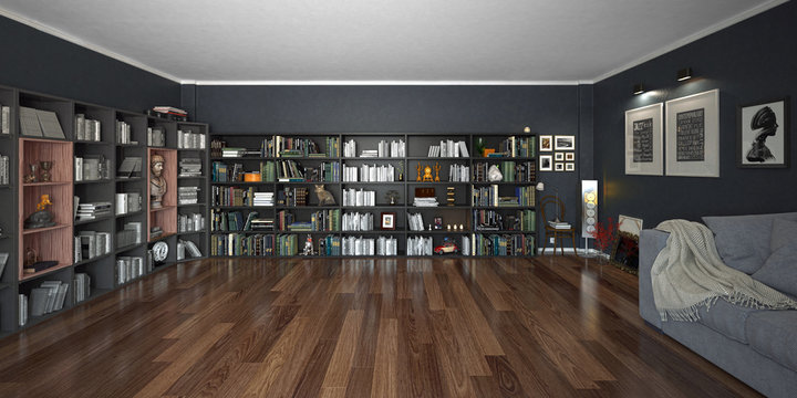 Stanza con grande libreria piena di libri e oggetti, con gatto, rendering 3d, illustrazione 3d
