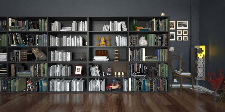 Stanza con grande libreria piena di libri e oggetti, con gatto, rendering 3d, illustrazione 3d