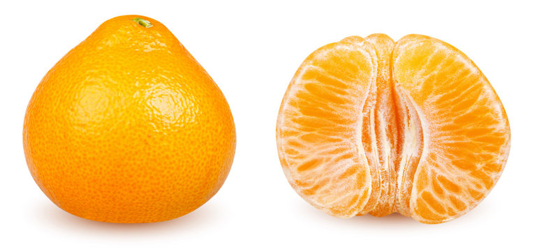 Isolated tangerines. Collection of whole tangerine and half peeled tangerine orange fruit isolated on white background with clipping path.