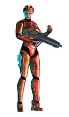 Fototapeta premium futuristic warrior girl, red metallic suit, armed with heavy weapon, 3d illustration