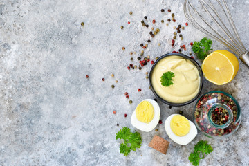 Mayonnaise is a classic homemade salad dressing. Top view.