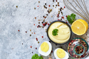 Mayonnaise is a classic homemade salad dressing. Top view.