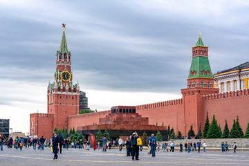 Red square with Spasskaya tower of Moscow Kremlin and Lenin Mausoleum, Russia