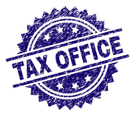 TAX OFFICE stamp seal watermark with distress style. Blue vector rubber print of TAX OFFICE caption with dust texture.